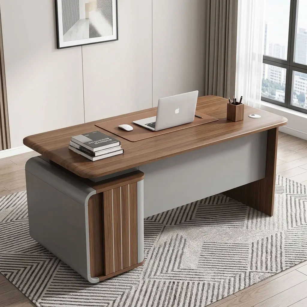 Premium 1.4M Executive Office Desk featuring a warm walnut wood grain desktop with rounded edges, a modern matte grey modesty panel, and an integrated side pedestal storage cabinet with a lockable drawer.