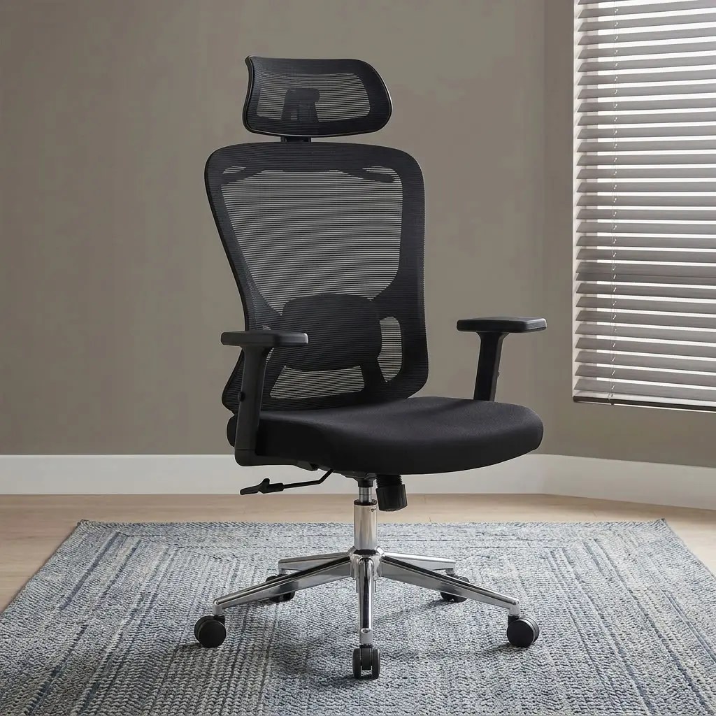 Premium High Back Orthopedic Office Chair in all-black featuring a breathable mesh backrest, an adjustable headrest, height adjustable armrests, adjustable lumbar support, and a polished chrome steel five-star wheelbase.