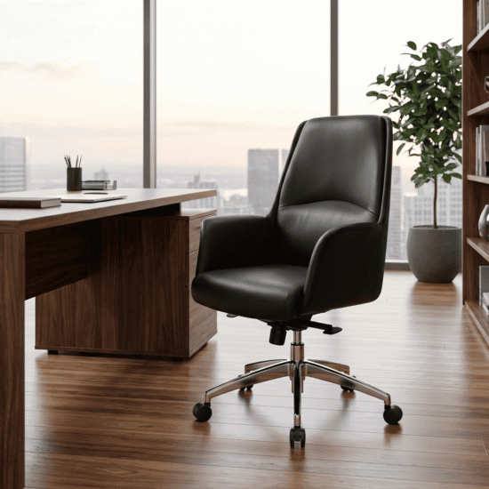 Ergonomic leather office chair with lumbar support, adjustable height, stainless steel base, and smooth rolling wheels.
