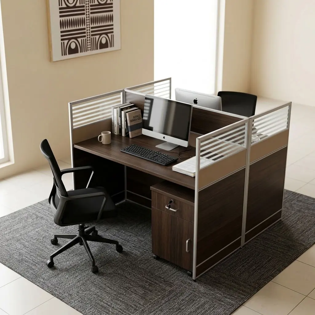 2-Way Office Workstation featuring a two-user side-by-side layout, dark wood-grain finish tabletops, integrated privacy partition screens with frosted slatted upper panels, metallic-toned frames, and a lower storage pedestal with a key lock.
