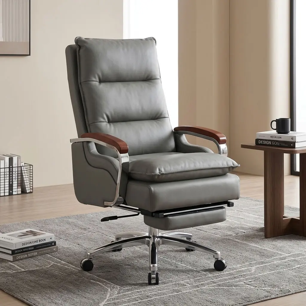 Premium slate grey Executive Reclining Office Chair featuring double-layered plush pillow-top cushions, polished mahogany wood armrest accents, a retractable under-seat footrest, and a mirror-polished chrome steel wheelbase.