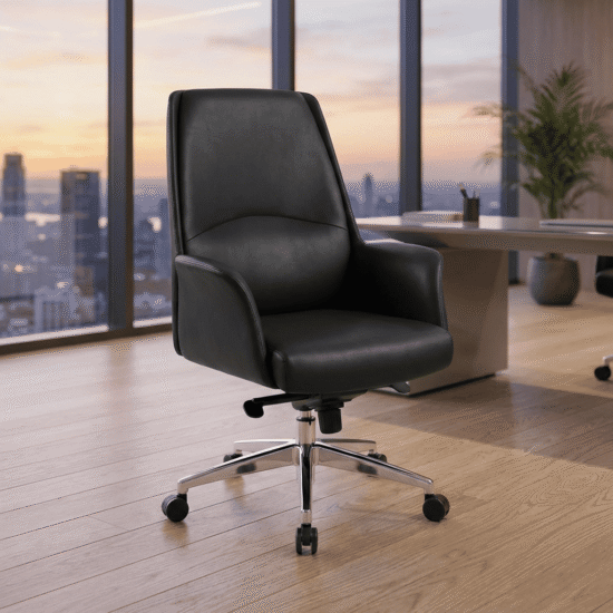Ergonomic leather office chair with lumbar support, adjustable height, stainless steel base, and smooth rolling wheels.