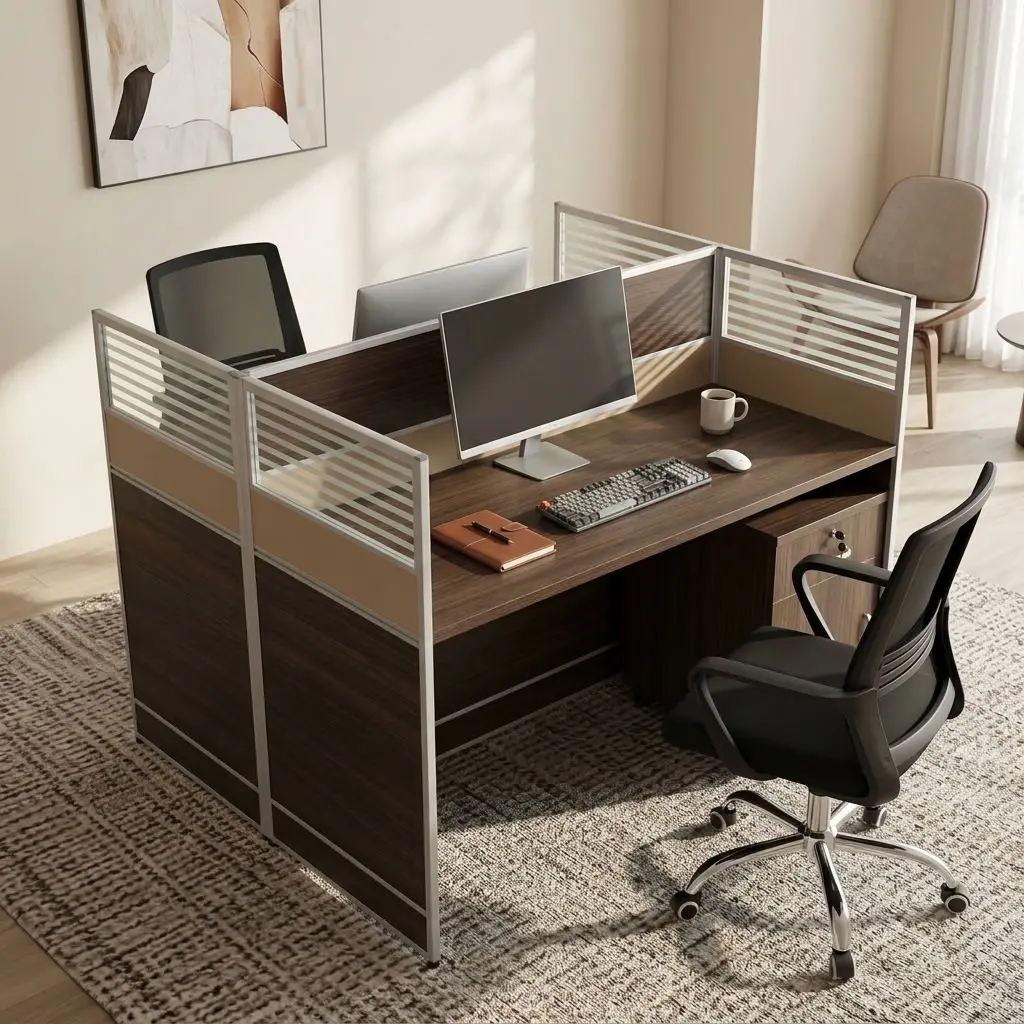 2-Way Office Workstation featuring a two-user side-by-side layout, dark wood-grain finish tabletops, integrated privacy partition screens with frosted slatted upper panels, metallic-toned frames, and a lower storage pedestal with a key lock.