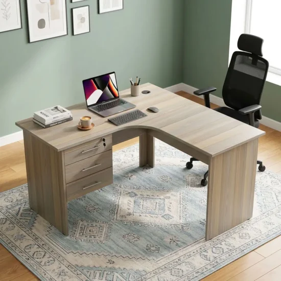 A premium 1.2M Curved Executive Desk featuring an ergonomic L-shaped corner design, a natural wood-grain laminate finish, three integrated drawers with a top lock mechanism, and built-in cable management grommets.