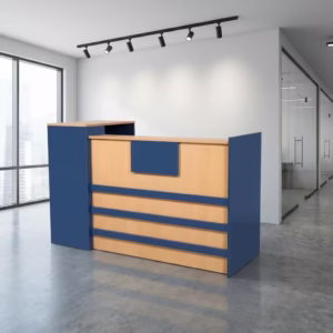 Modern 1.6M Office Reception Desk with wood-effect front and raised counter in professional reception area