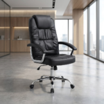 Executive leather office chair with high-back design, butterfly mechanism, cushioned seat, and chrome base