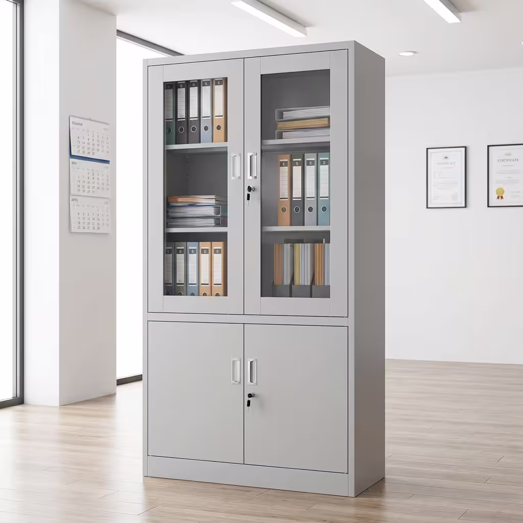 2-Door Half Glass Cabinet with lockable doors and adjustable shelves