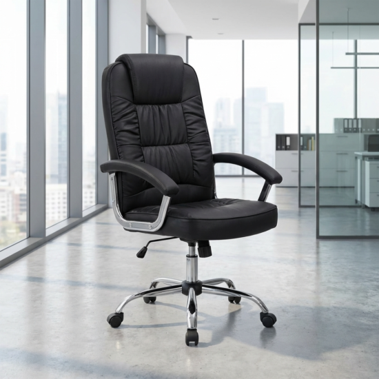 Executive leather office chair with high-back design, butterfly mechanism, cushioned seat, and chrome base
