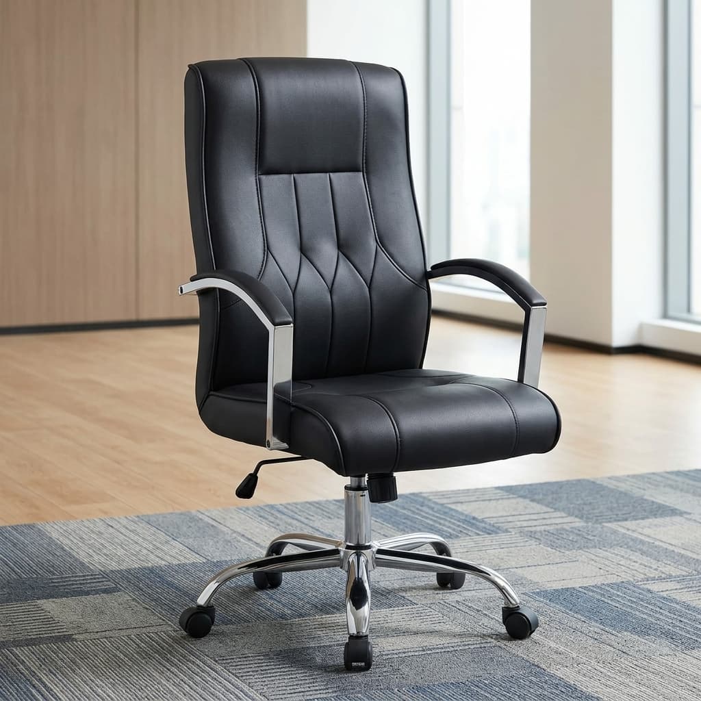 Executive Leather Office Chair featuring smooth black upholstery, a high backrest with vertical stitched creases, padded armrests with chrome supports, an under-seat height lever, and a five-star polished chrome base with dual-wheel casters.