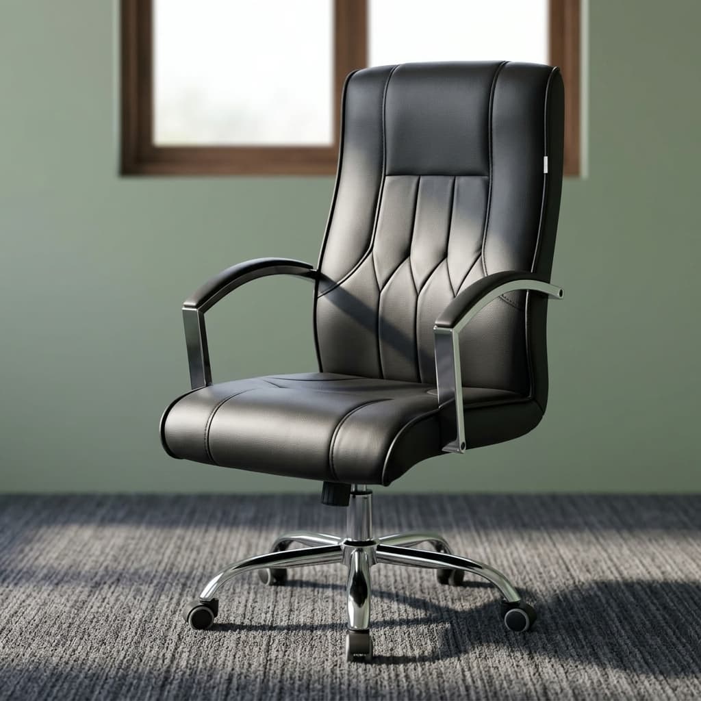 Executive Leather Office Chair featuring smooth black upholstery, a high backrest with vertical stitched creases, padded armrests with chrome supports, an under-seat height lever, and a five-star polished chrome base with dual-wheel casters.