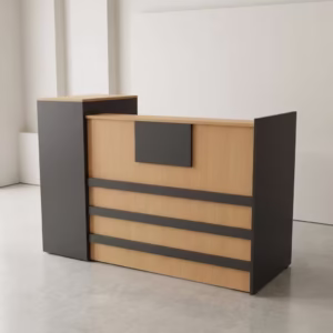 Modern 1.6M Office Reception Desk with wood-effect front and raised counter in professional reception area