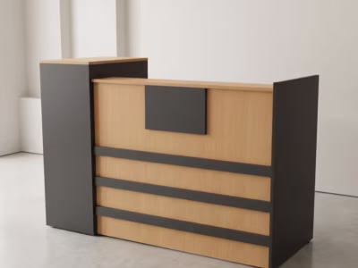 Modern 1.6M Office Reception Desk with wood-effect front and raised counter in professional reception area