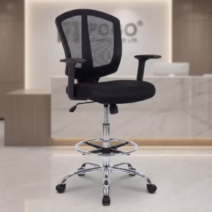 Adjustable Height Reception Seat with mesh back, lumbar support, and smooth wheels