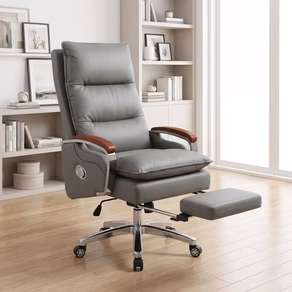 Executive Ergonomic Boss Office Chair with leather upholstery, adjustable footrest, and swivel function