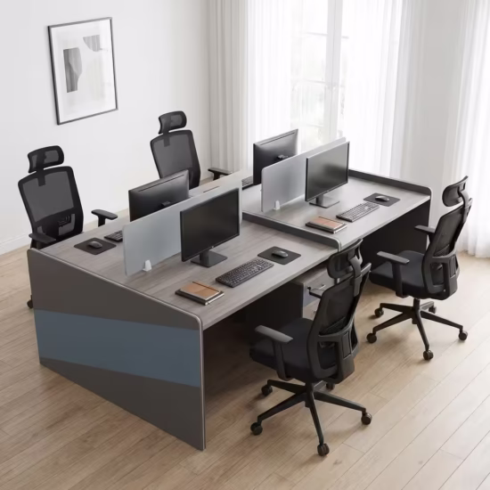 Modern 4-way office workstation with privacy panels, spacious desktops, and professional finish for open-plan offices.