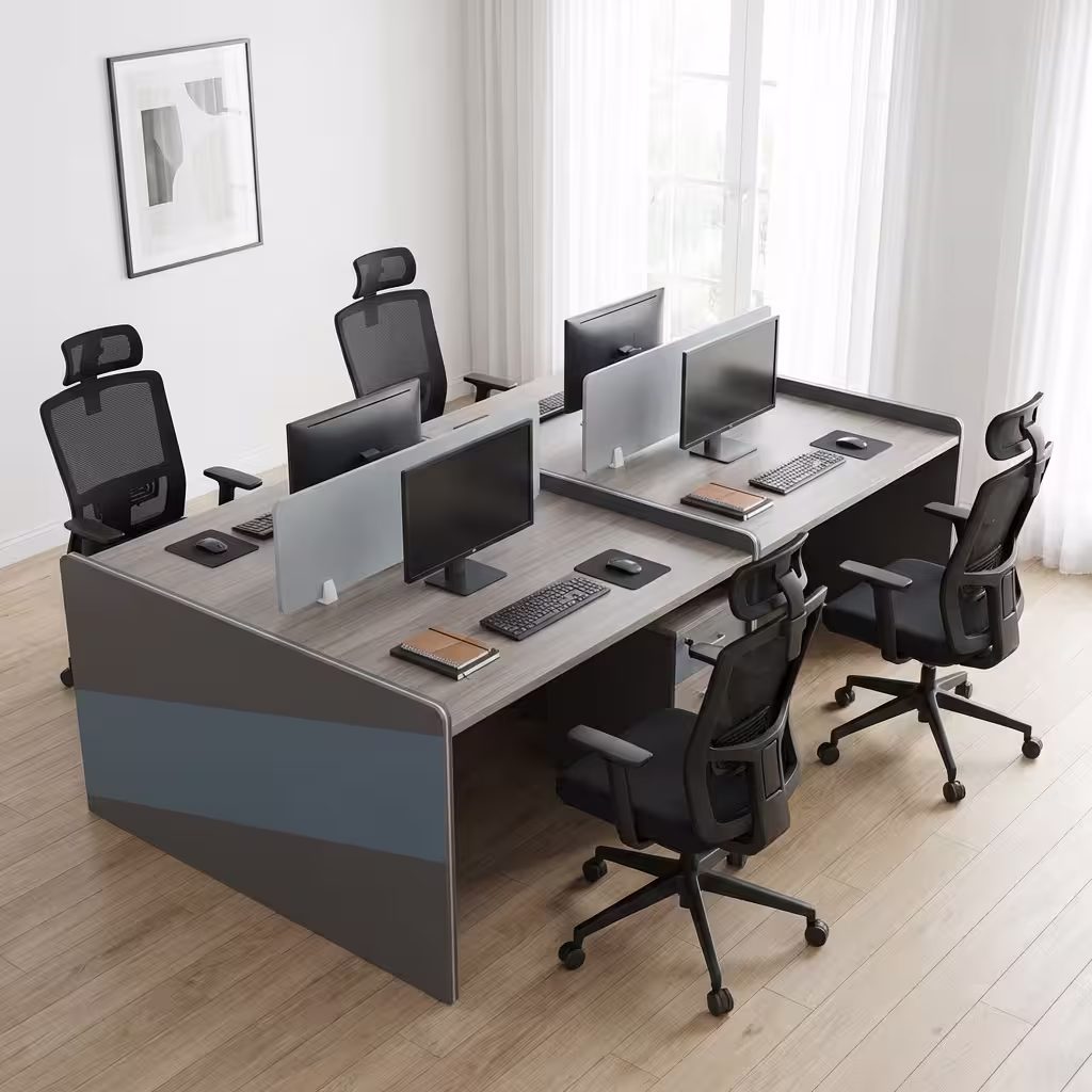 Modern 4-way office workstation with privacy panels, spacious desktops, and professional finish for open-plan offices.