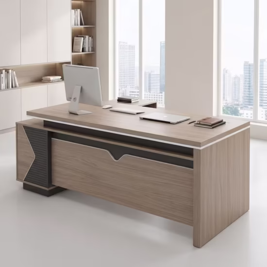 1.8M Executive L-Shaped Desk with wood finish and side storage cabinet