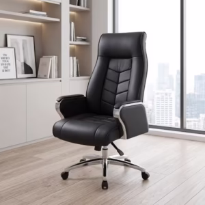 Black Leather Office Chair with high back, padded armrests, and chrome base