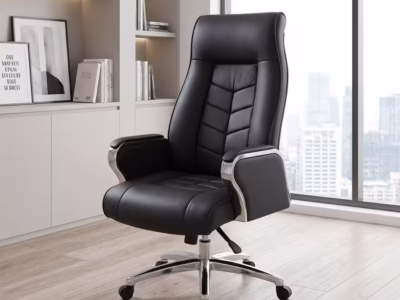 Black Leather Office Chair with high back, padded armrests, and chrome base