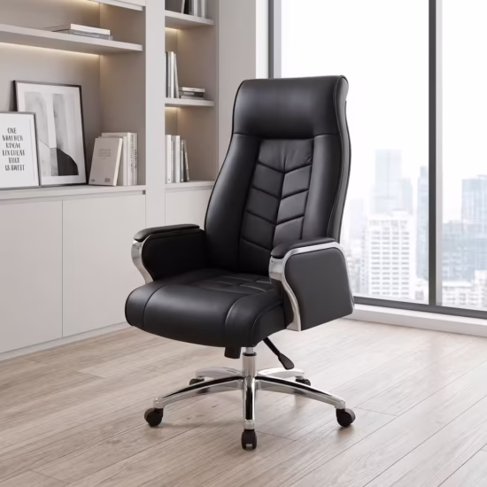 Black Leather Office Chair with high back, padded armrests, and chrome base
