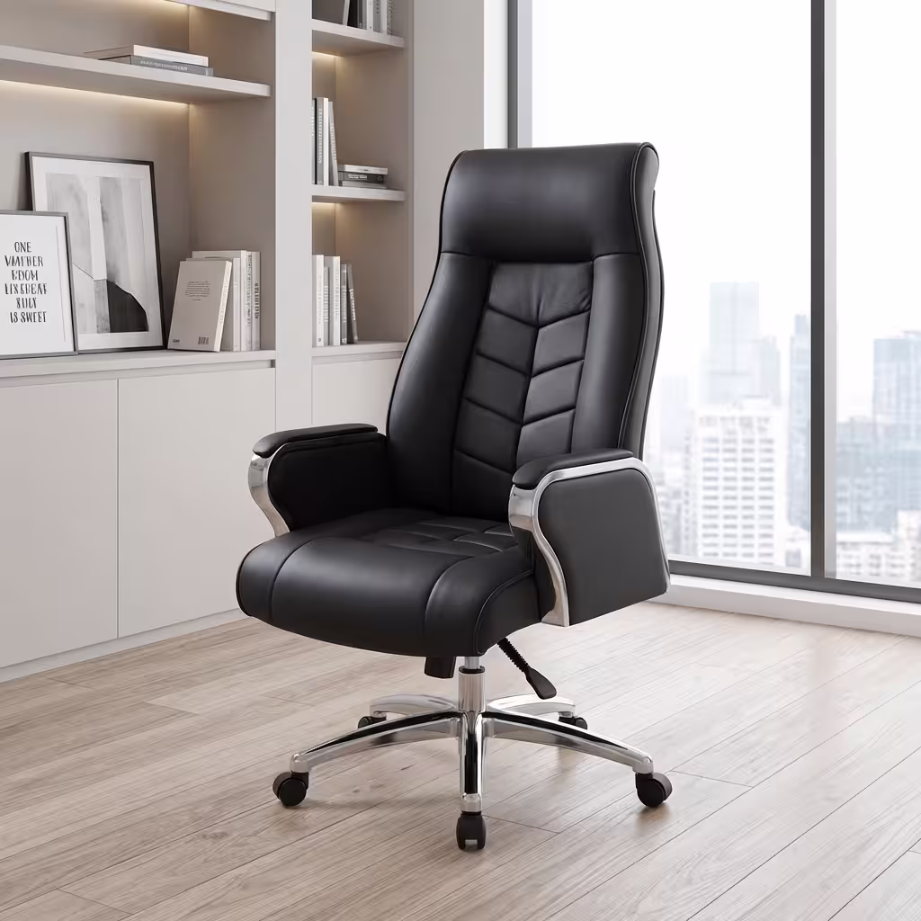 Black Leather Office Chair with high back, padded armrests, and chrome base