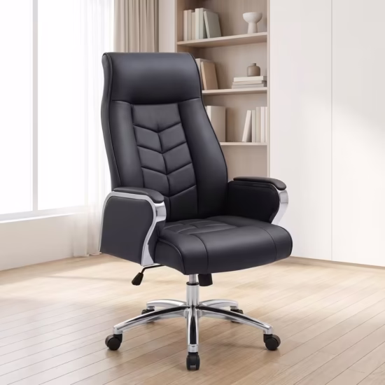 Black Leather Office Chair with high back, padded armrests, and chrome base