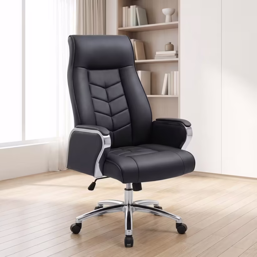 Black Leather Office Chair with high back, padded armrests, and chrome base