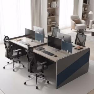 Modern 4-way office workstation with privacy panels, spacious desktops, and professional finish for open-plan offices.