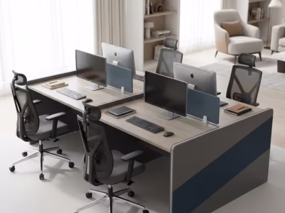 Modern 4-way office workstation with privacy panels, spacious desktops, and professional finish for open-plan offices.