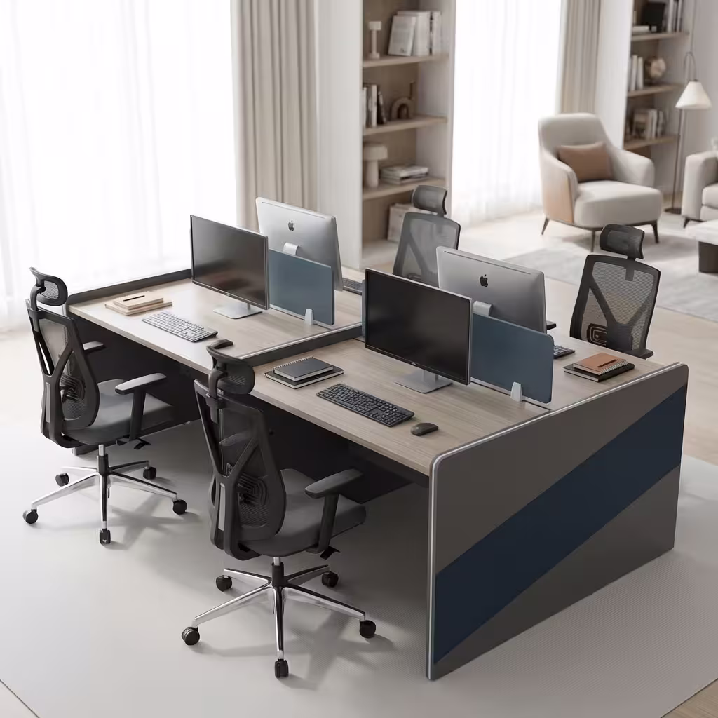 Modern 4-way office workstation with privacy panels, spacious desktops, and professional finish for open-plan offices.