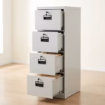 4-Drawer Metal Filing Cabinet in black steel finish with lockable drawers and office document storage setup