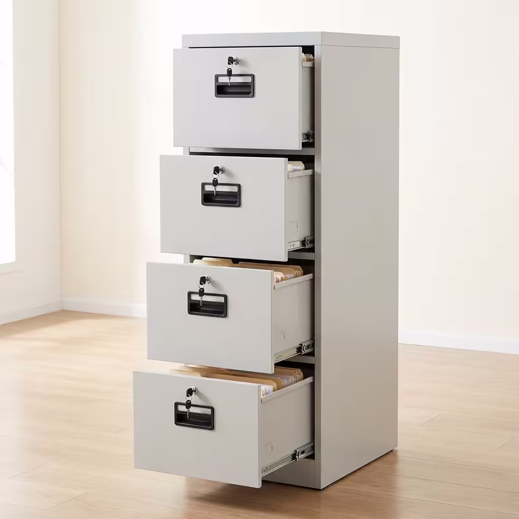 4-Drawer Metal Filing Cabinet in black steel finish with lockable drawers and office document storage setup