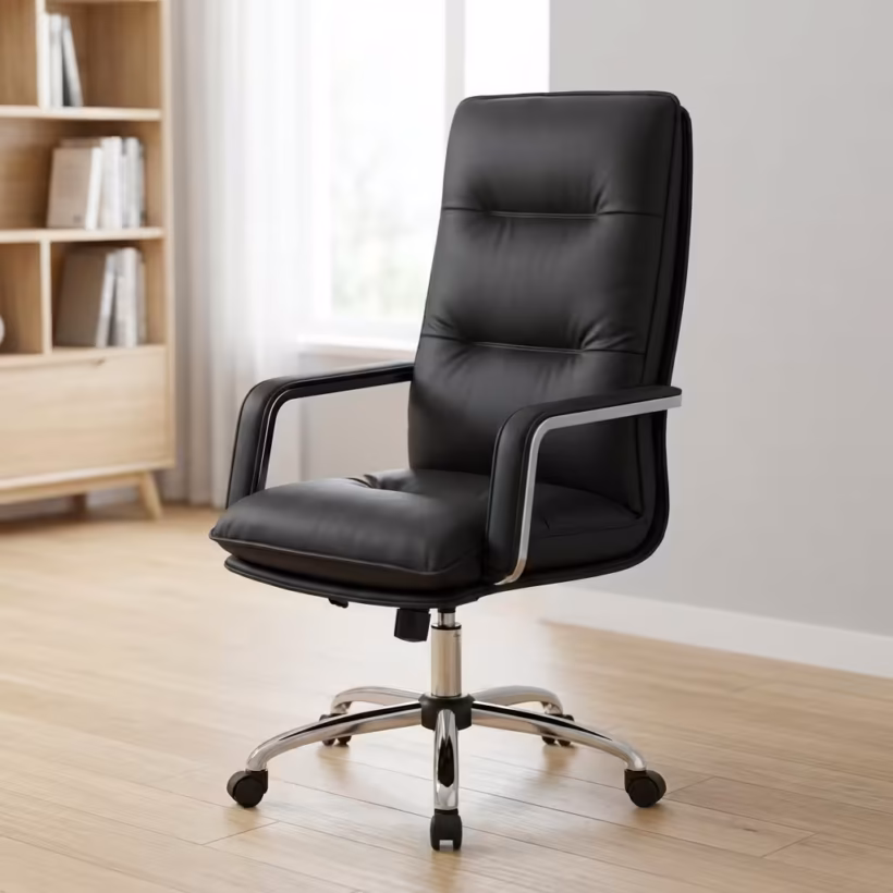 High-Back Leather Executive Chair in black PU leather with adjustable height, wheels, and modern office setup