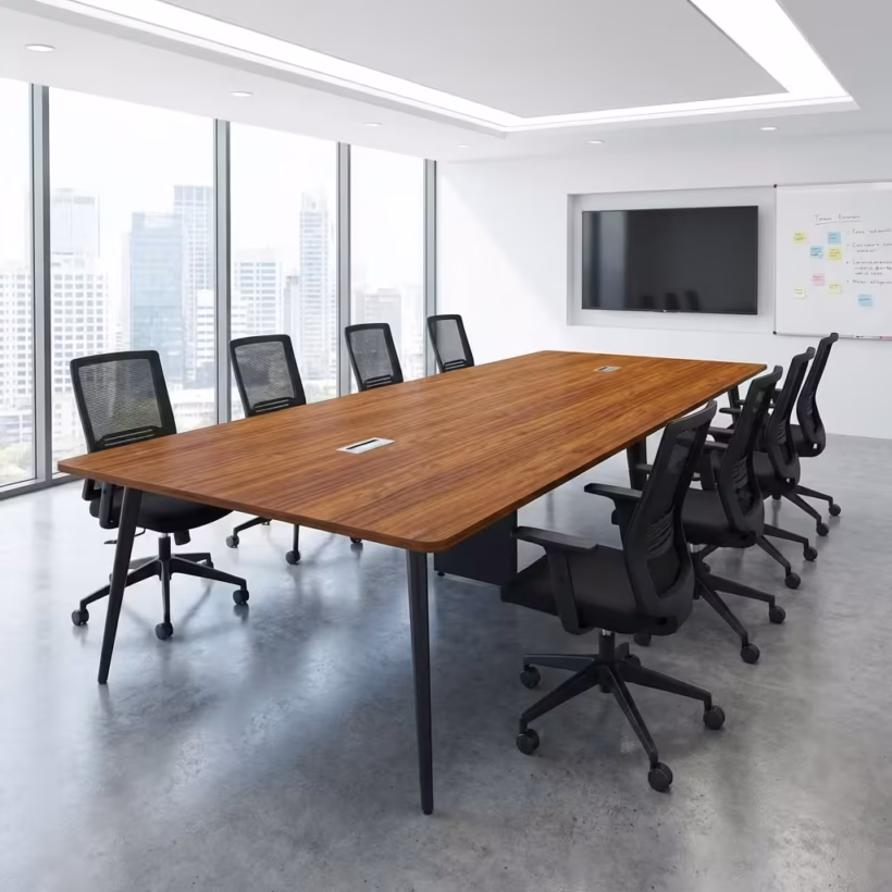 2.4m Professional Conference Desk with wooden top and steel legs in a modern boardroom setting