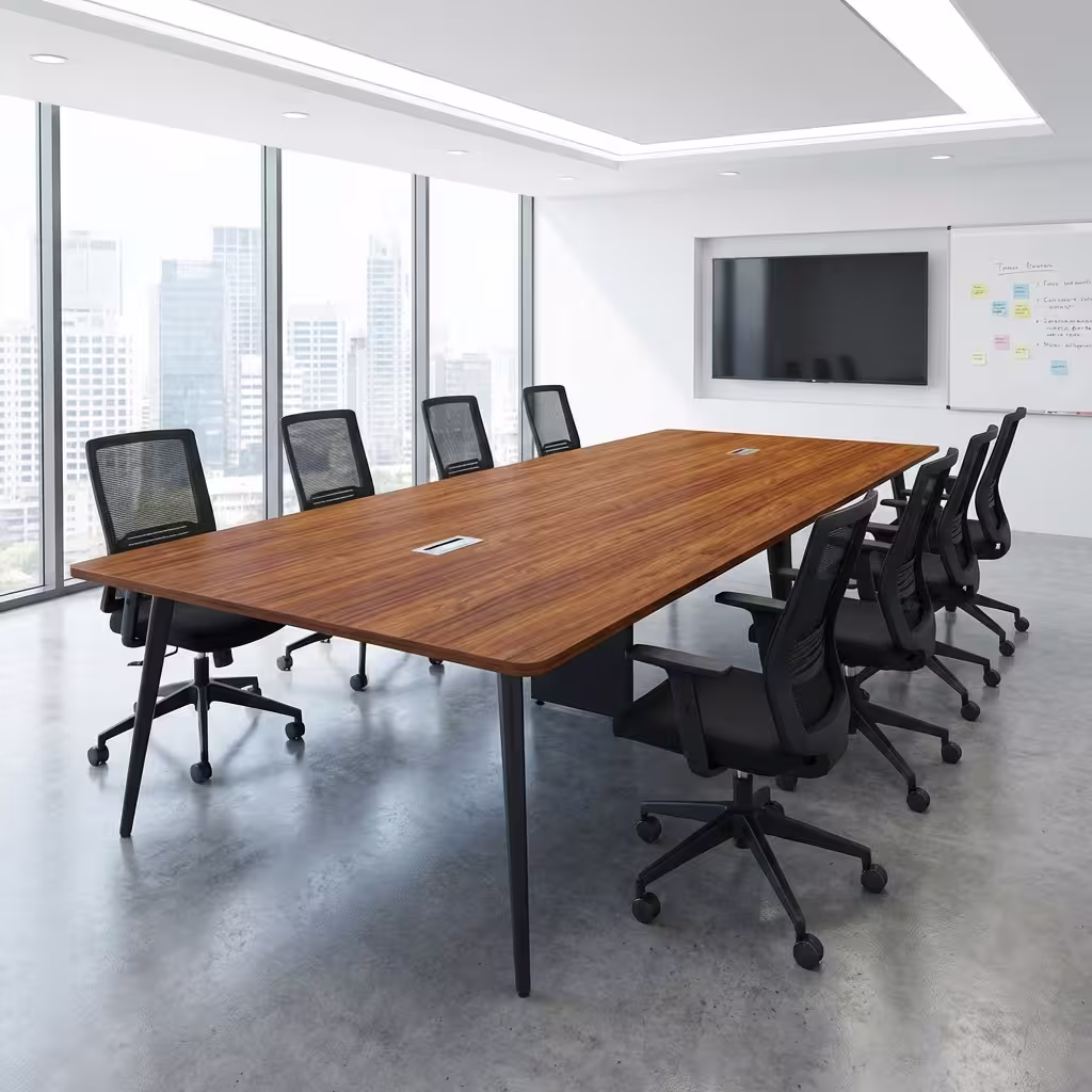 2.4m Professional Conference Desk with wooden top and steel legs in a modern boardroom setting