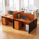 4-Way Office Workstation Desk with wooden partitions and storage drawers