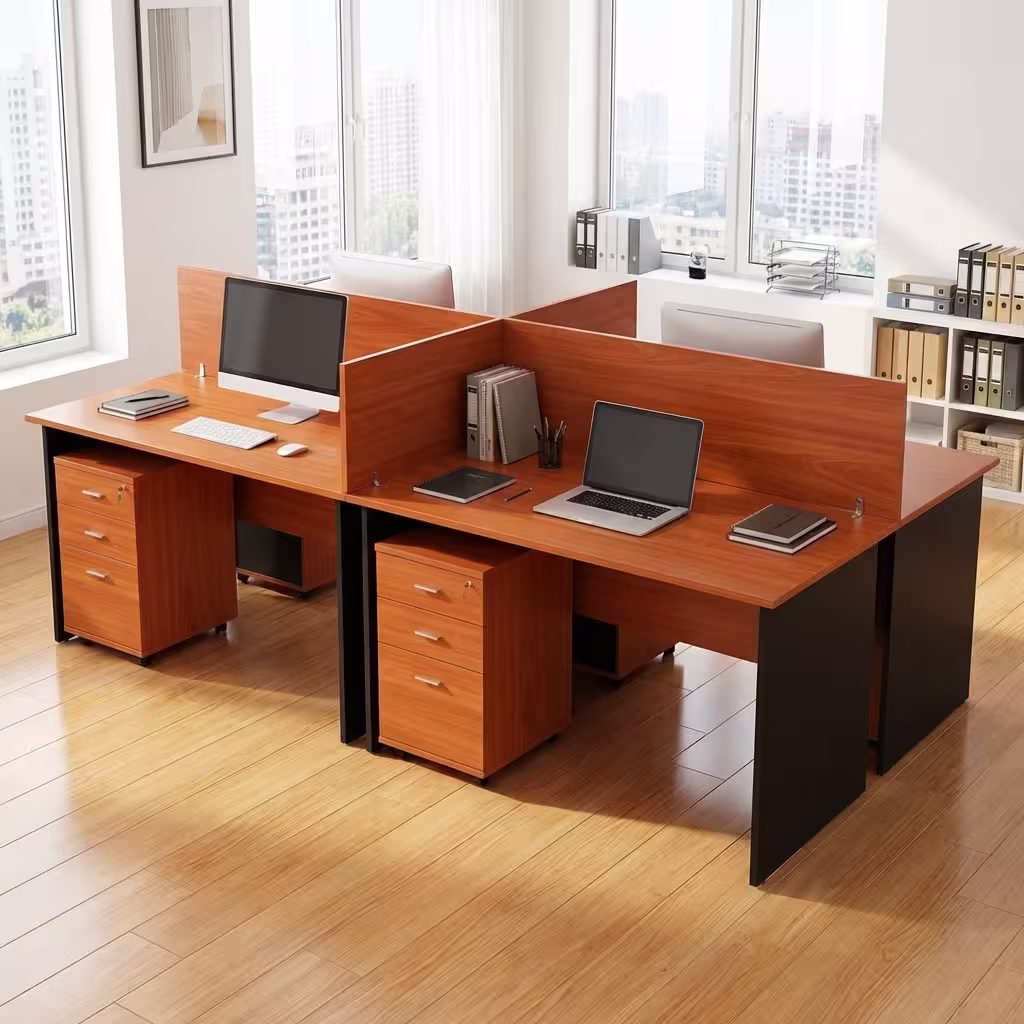 4-Way Office Workstation Desk with wooden partitions and storage drawers
