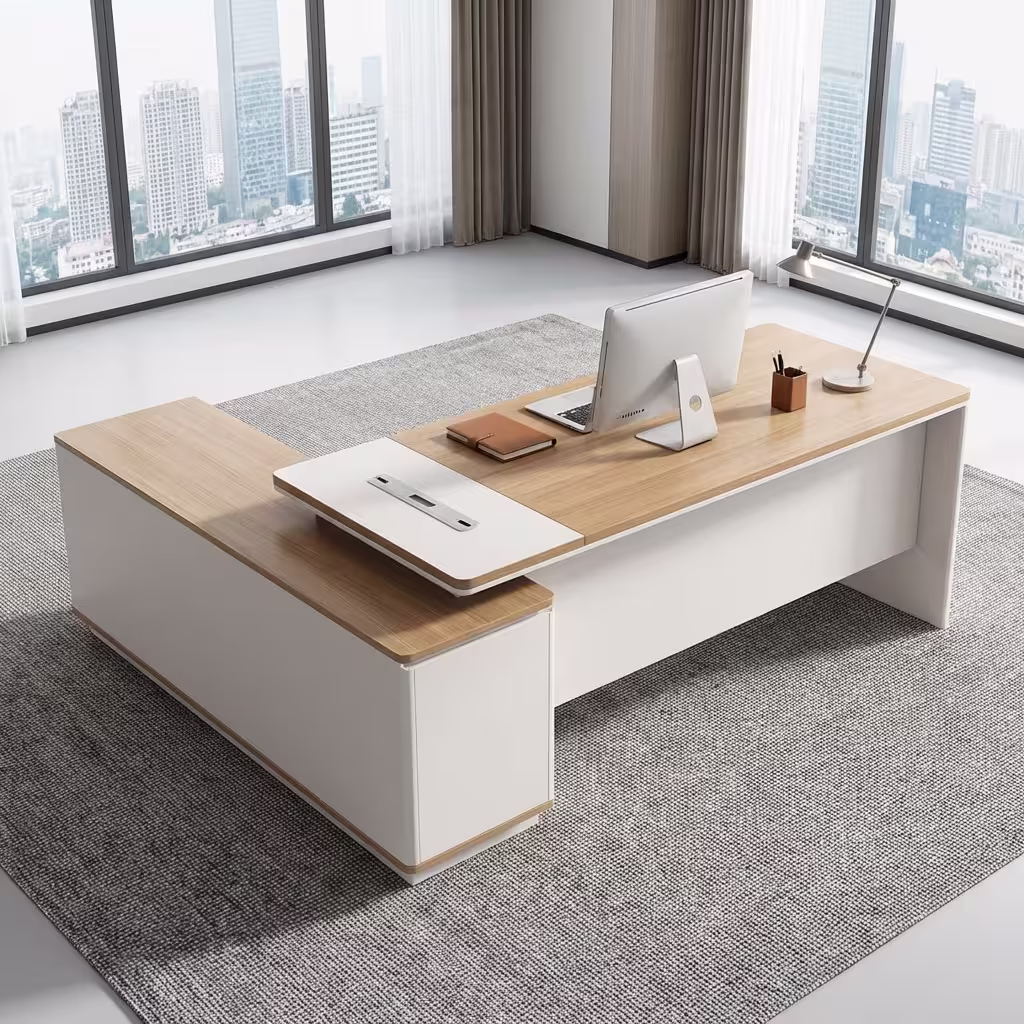 1.8M Modern Executive Office Desk in a stylish office setup with laptop, documents, and organized storage drawers