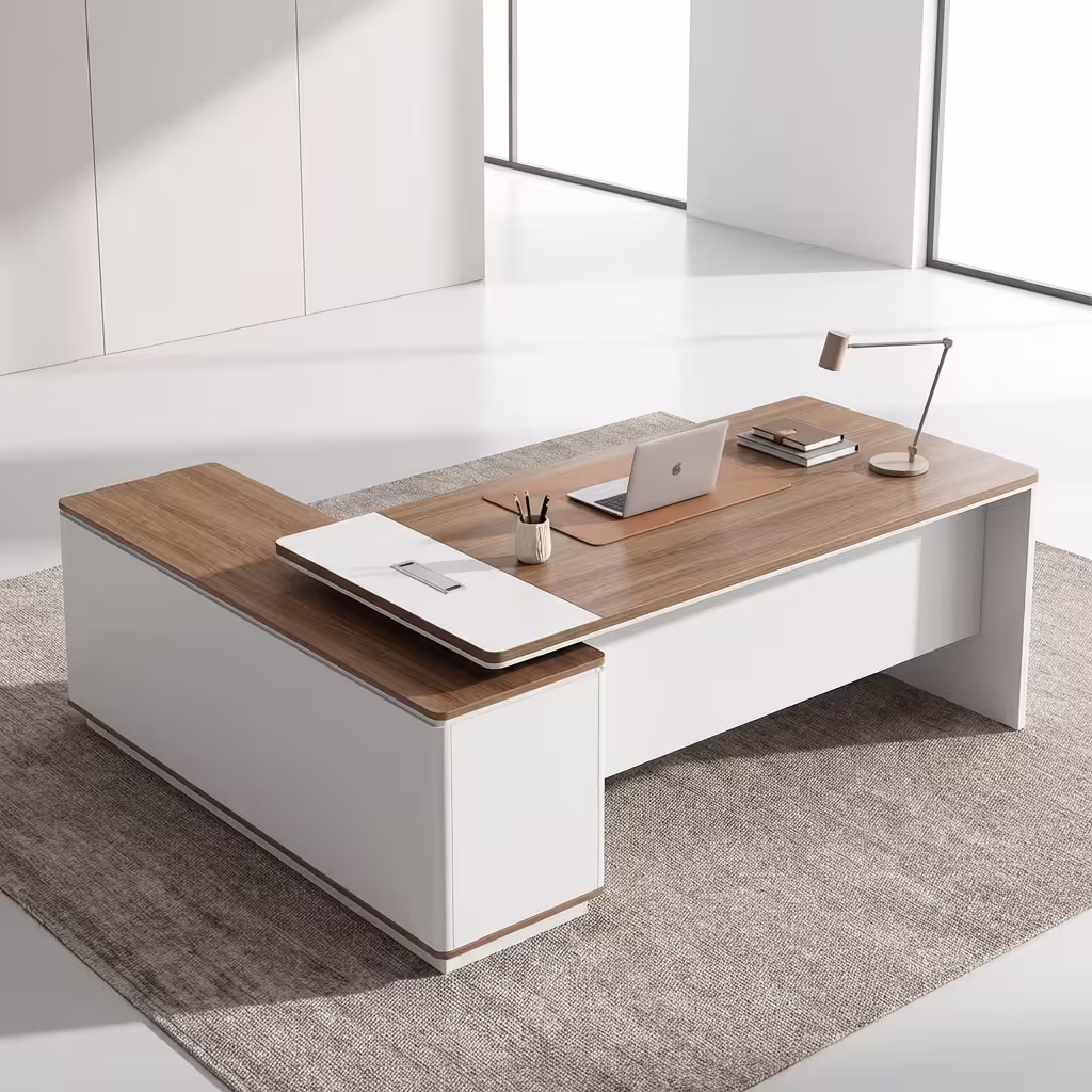 1.8M Modern Executive Office Desk in a stylish office setup with laptop, documents, and organized storage drawers