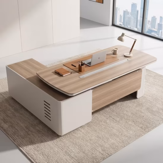 1.8m Executive L-Shaped Desk in a modern executive office setup with organized workspace, dual monitors, and storage drawers