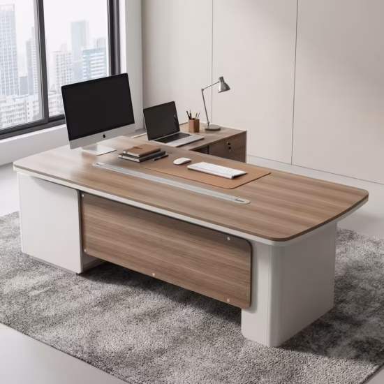 1.8m Executive L-Shaped Desk in a modern executive office setup with organized workspace, dual monitors, and storage drawers