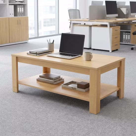 Wooden Reception Coffee Table placed in a modern office reception area with sofa seating and professional interior design