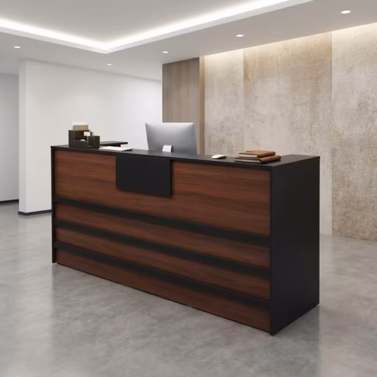 2M Executive Reception Desk in a modern office reception area with computer, organized workspace, and clean professional setup