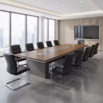 3.5M Executive Conference Table in a modern boardroom setup with large surface space and integrated power grommet