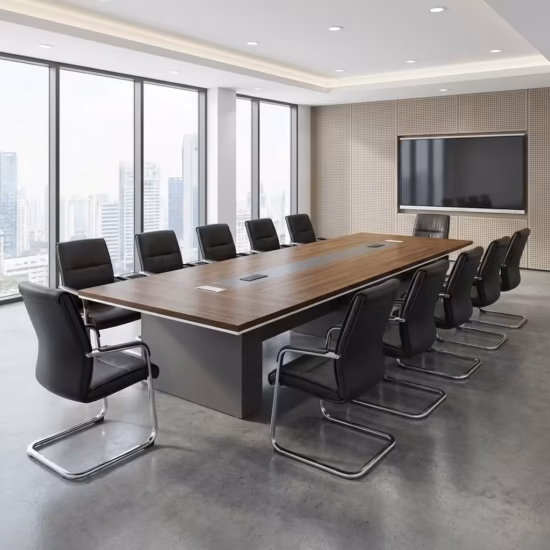 3.5M executive conference table with wood finish and integrated power sockets in modern corporate boardroom