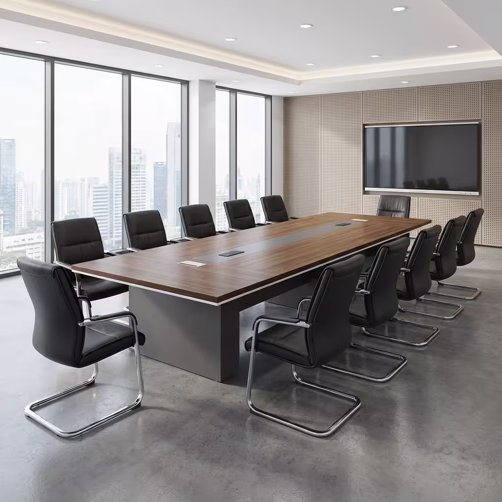 3.5M executive conference table with wood finish and integrated power sockets in modern corporate boardroom