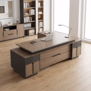 Executive L-Shaped Office Desk with modern wood finish, storage drawers, and ergonomic executive office setup