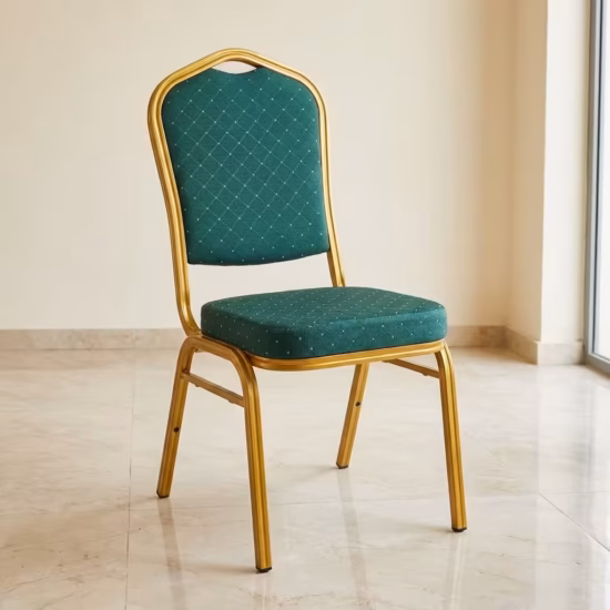 Green Banqueting Chair With Gold Frame placed in a modern event hall setup with elegant seating arrangement