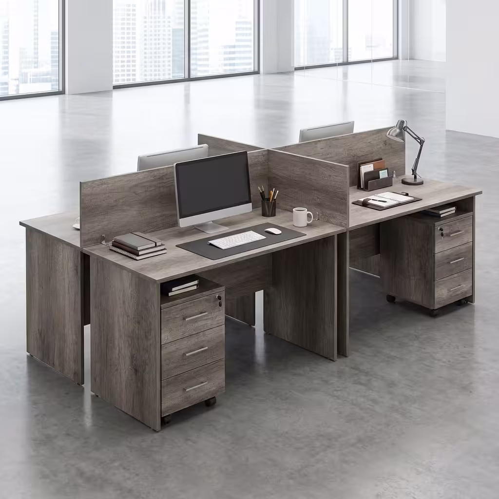 4-Person Office Workstation Desk in a modern corporate office with employees working in a shared organized workspace