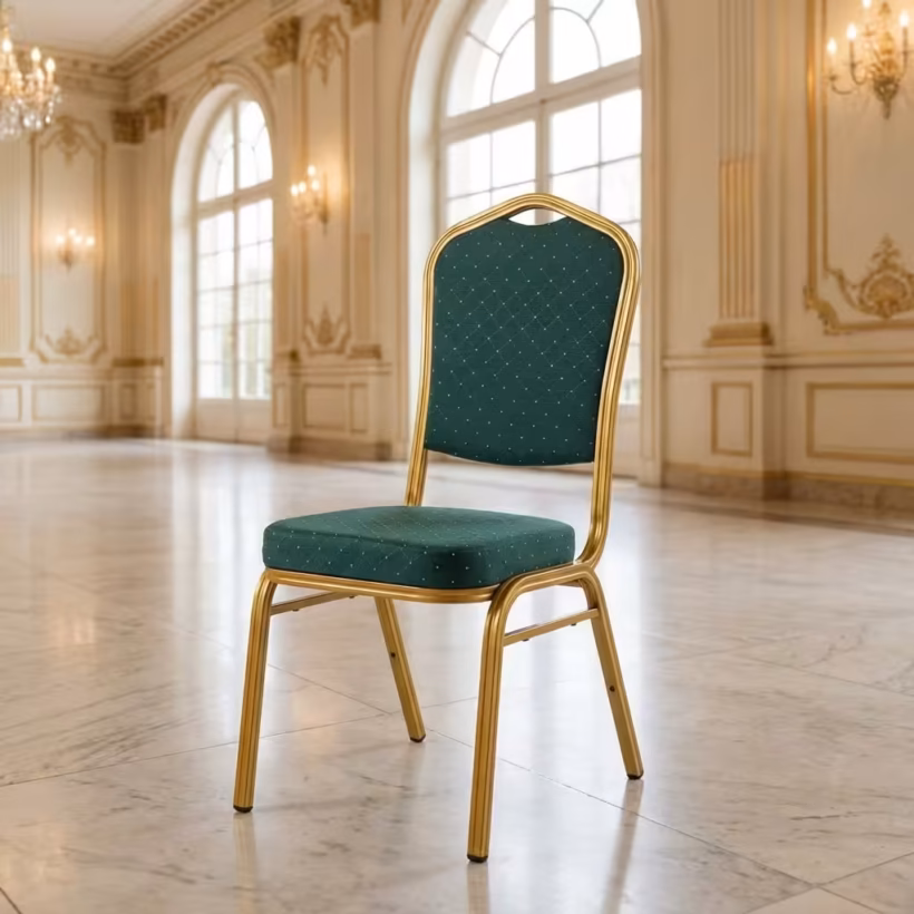 Green Banqueting Chair With Gold Frame placed in a modern event hall setup with elegant seating arrangement